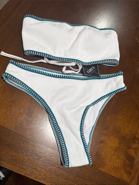 Zaful Other - Zaful White Ribbed Bandeau Bikini with Teal-Trim